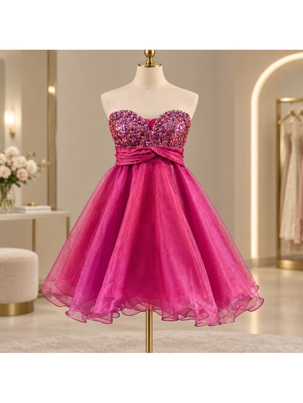 Vintage Y2K Beautifly Barbiecore Hot Pink Sequin Tulle Party Prom Dress 4050